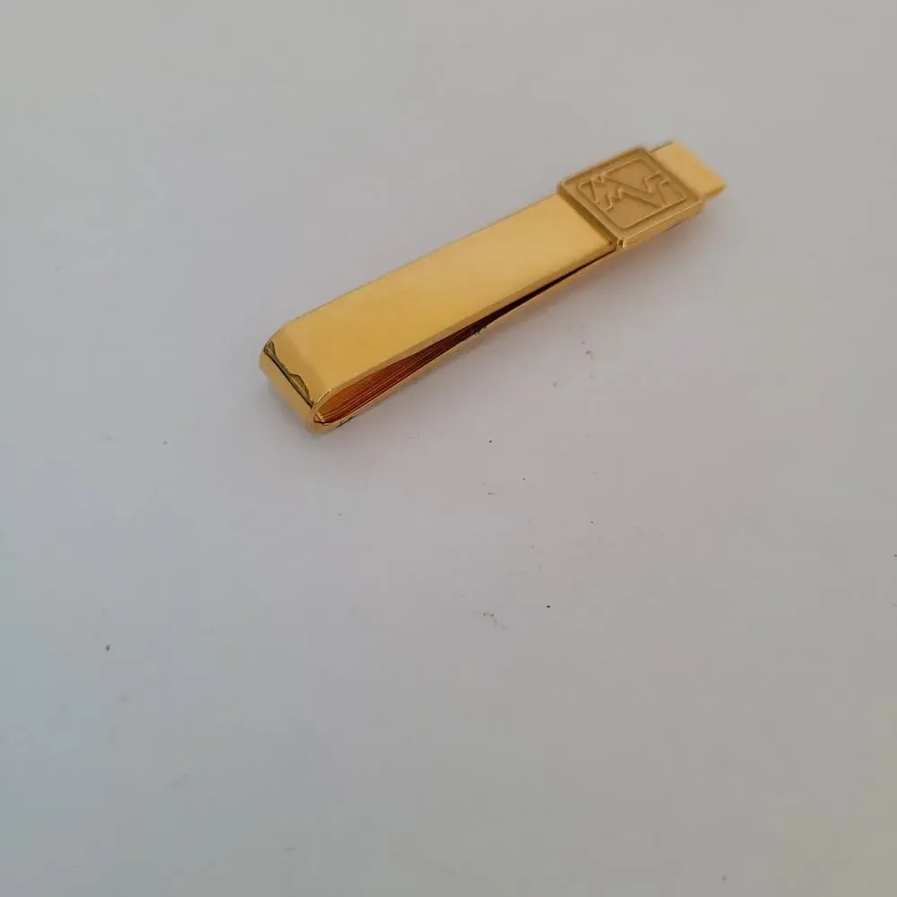 Mario Valentino MV USA Vintage Tack Tie Clasp Clip Bar Gold Retro Logo Rectangle - Picture 5 of 6